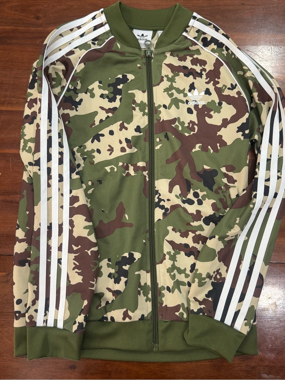 adidas Olive Green Camo Bomber Jacket with White Stripes